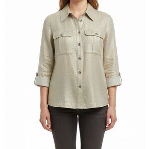 Chicos Womens Beige Linen Button-Up Shirt W/ Pockets Casua Blouse Sz 2